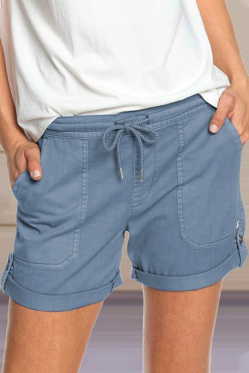 Elastic Waistband Pocket Drawstring Women's Shorts with Button