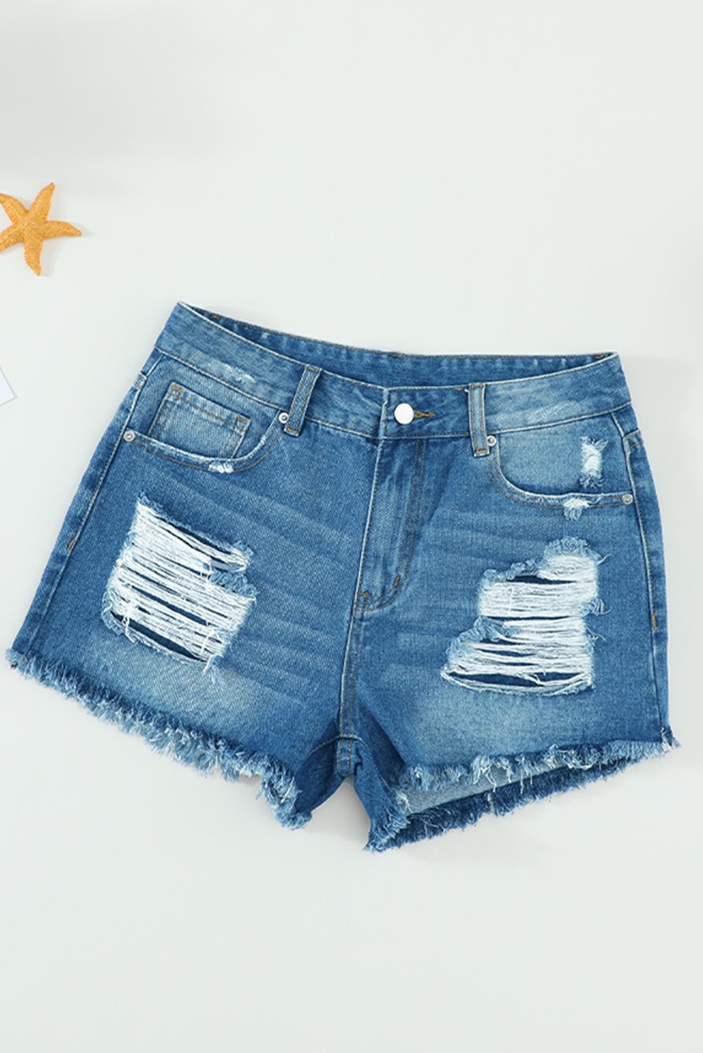 Distressed Mid Rise Frayed Hem Women's Denim Shorts