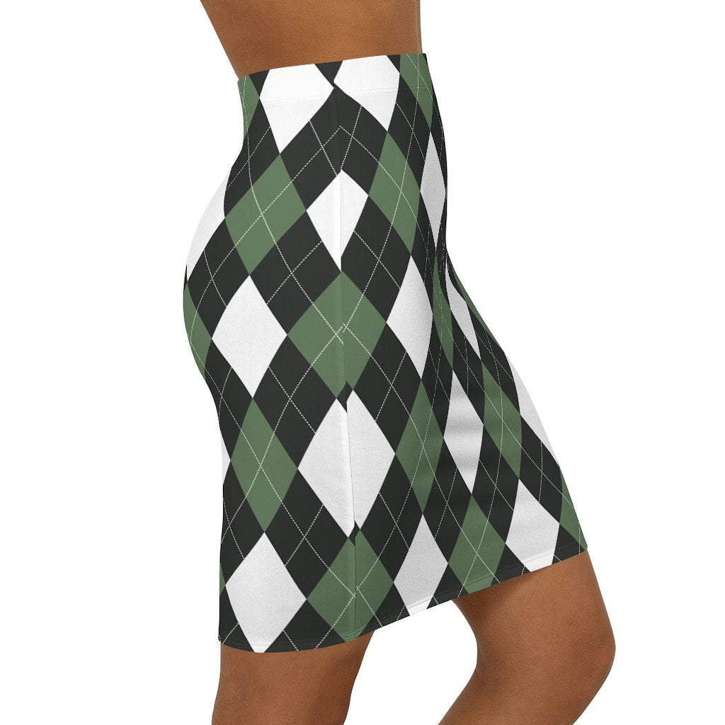 Womens Pencil Skirt - Green and White Argyle Stretch Mini