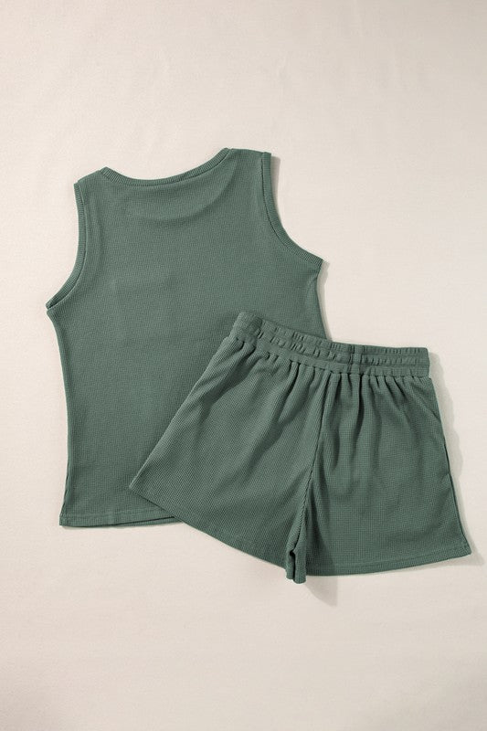 Knit Patched Pocket Tank and Drawstring Women's Shorts Set