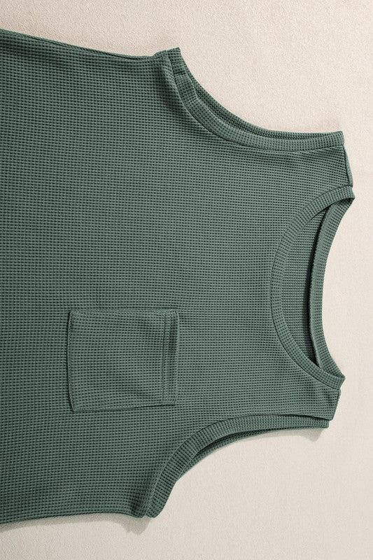 Knit Patched Pocket Tank and Drawstring Women's Shorts Set