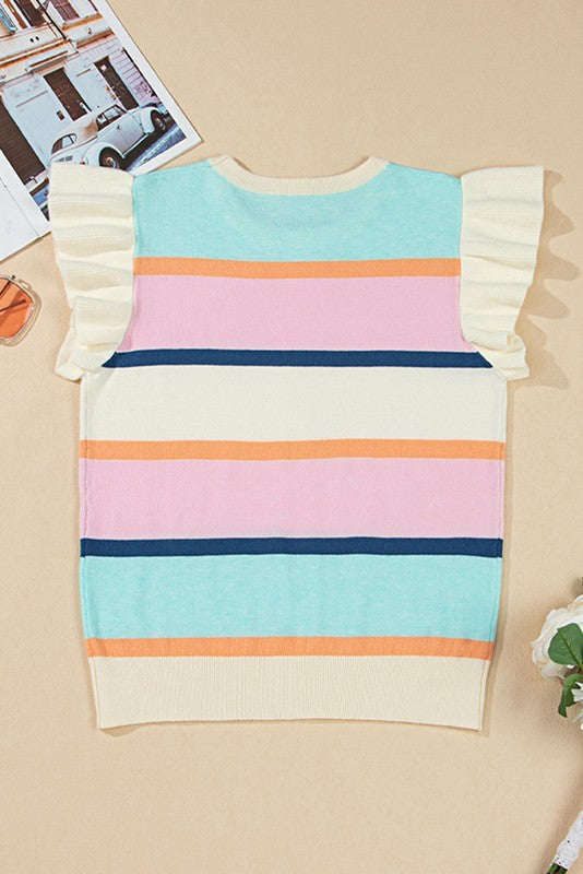 Striped Colorblock Flutter Sleeve Knit Top