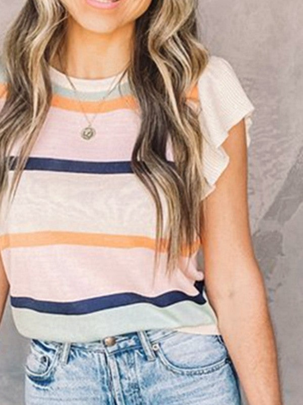 Striped Colorblock Flutter Sleeve Knit Top