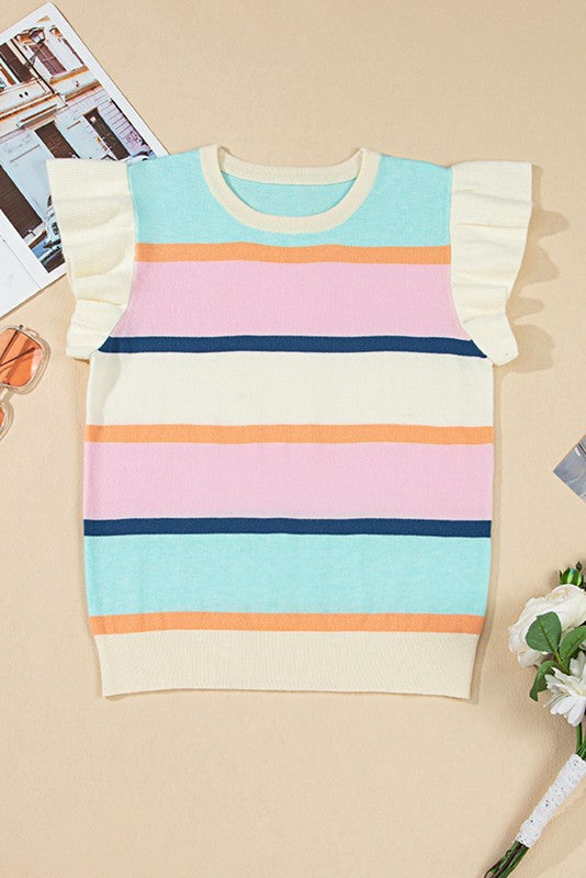 Striped Colorblock Flutter Sleeve Knit Top