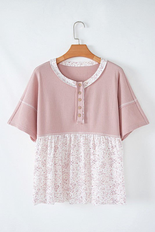 Cotton Pink Waffle Floral Patchwork Exposed Top