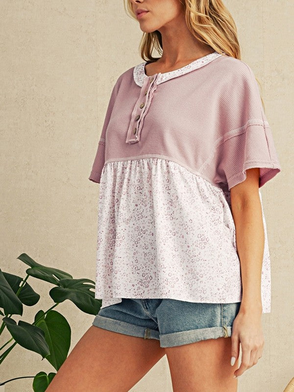 Cotton Pink Waffle Floral Patchwork Exposed Top