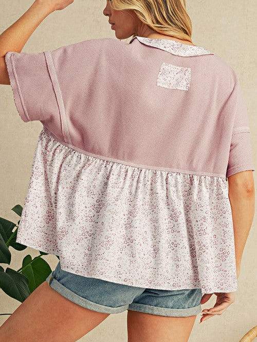 Cotton Pink Waffle Floral Patchwork Exposed Top