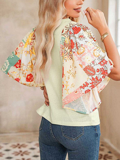 Cotton Beige Floral Patchwork Angel Sleeve Blouse