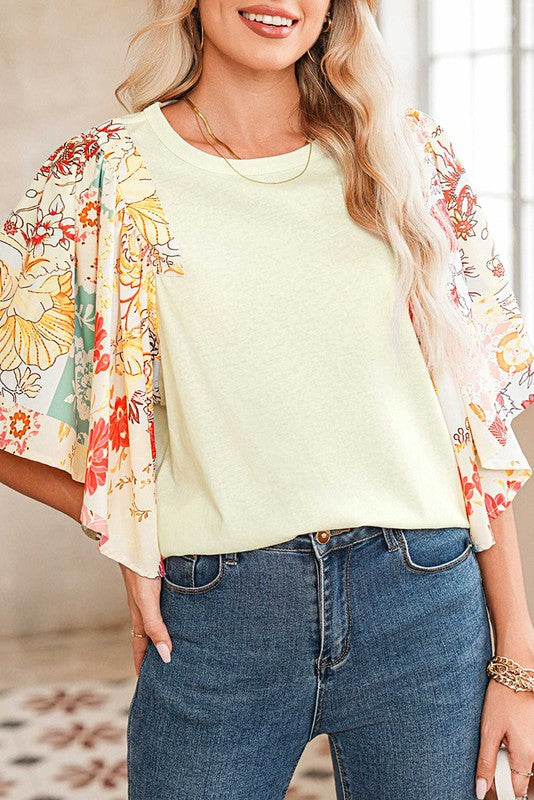 Cotton Beige Floral Patchwork Angel Sleeve Blouse