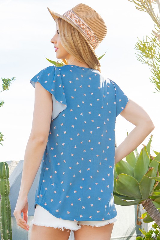 Ditsy Floral Flutter Sleeve Jersey Top