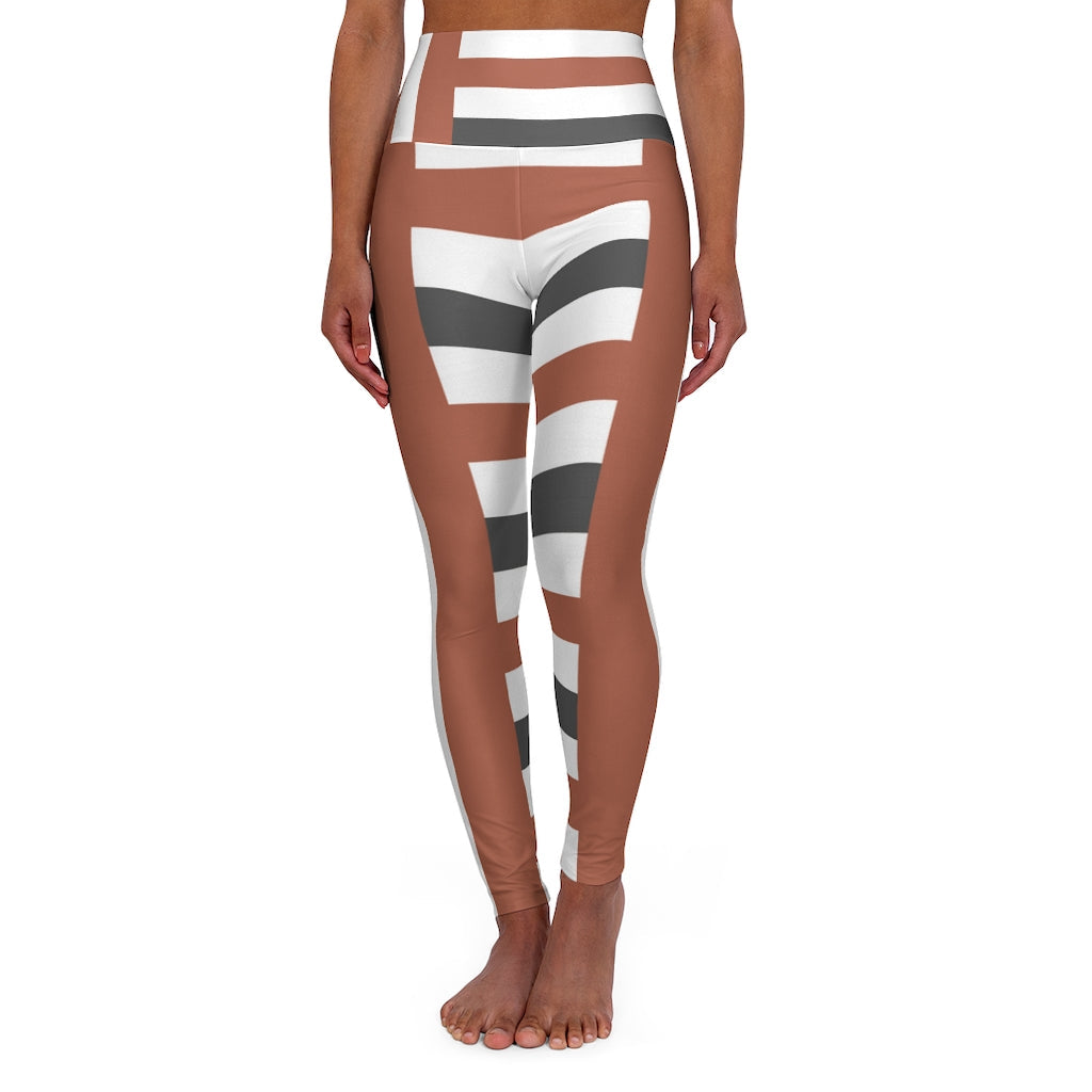 Womens High-waist Fitness Legging Yoga Pants - Brown Grey Stripped
