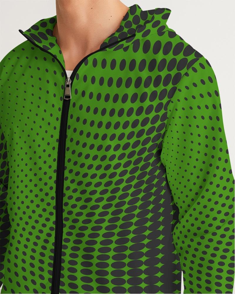 Mens Hooded Windbreaker - Green Polka Dot Water Resistant Jacket