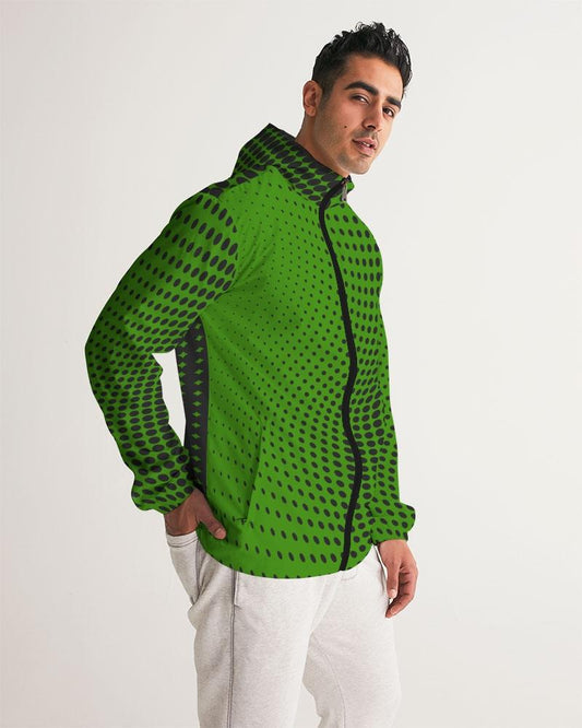 Mens Hooded Windbreaker - Green Polka Dot Water Resistant Jacket