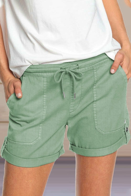 Elastic Waistband Pocket Drawstring Women's Shorts with Button