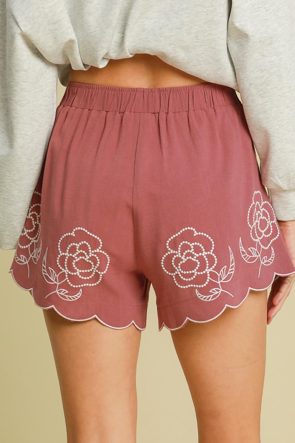 Umgee Linen Blend Women's Shorts with Floral Embroidered Details
