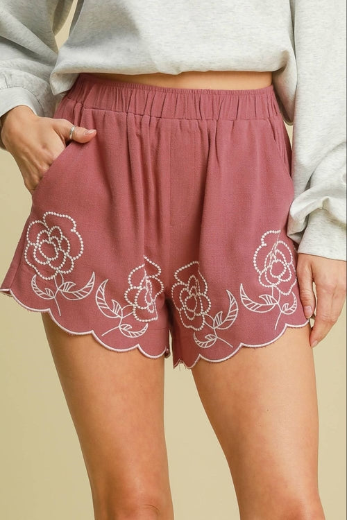 Umgee Linen Blend Women's Shorts with Floral Embroidered Details