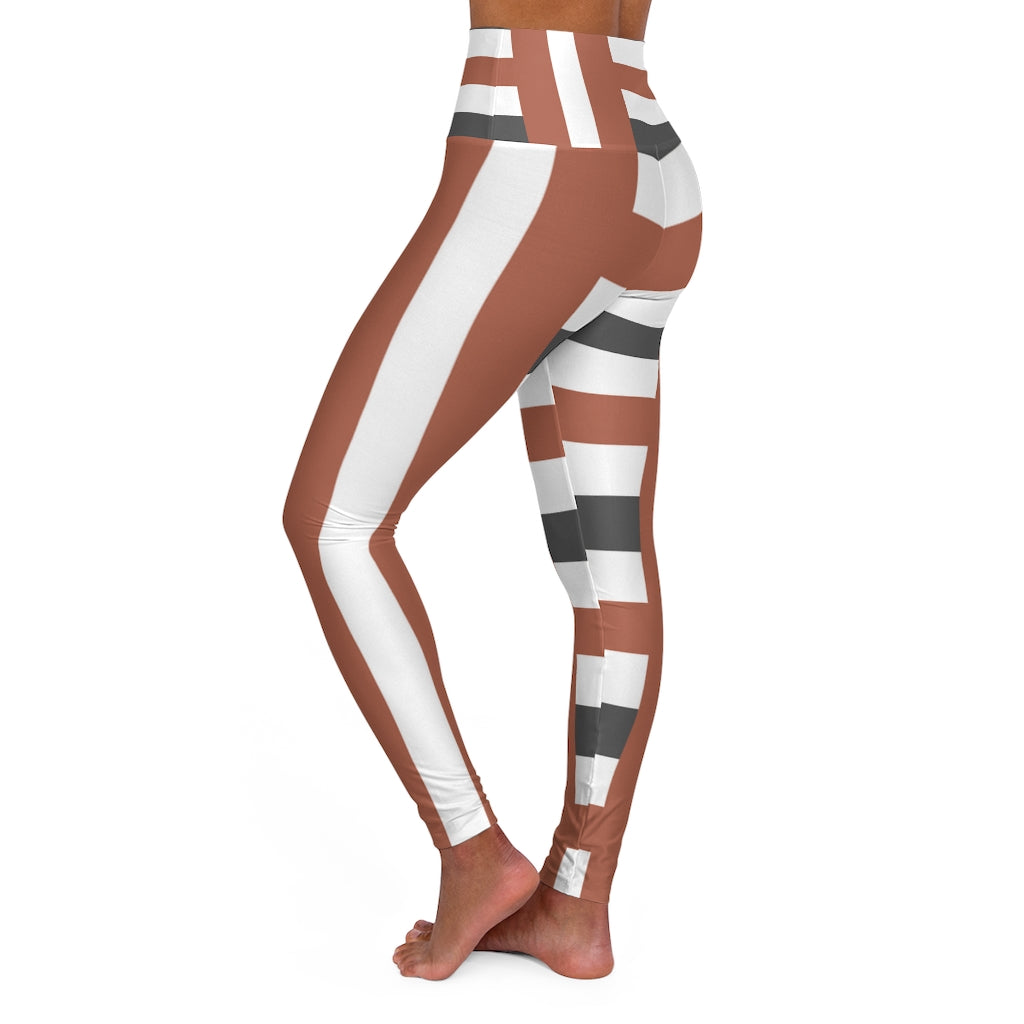 Womens High-waist Fitness Legging Yoga Pants - Brown Grey Stripped