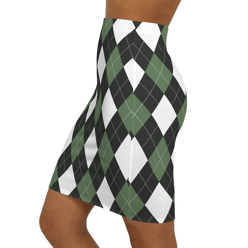 Womens Pencil Skirt - Green and White Argyle Stretch Mini