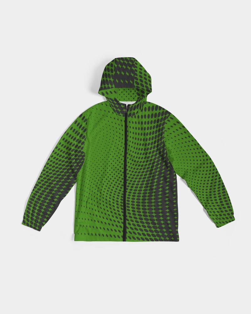 Mens Hooded Windbreaker - Green Polka Dot Water Resistant Jacket