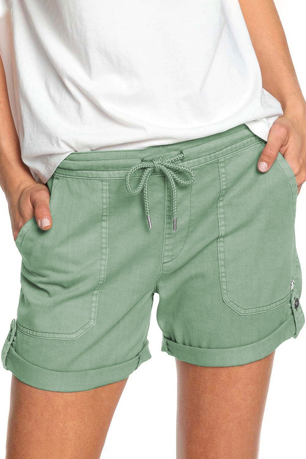 Elastic Waistband Pocket Drawstring Women's Shorts with Button