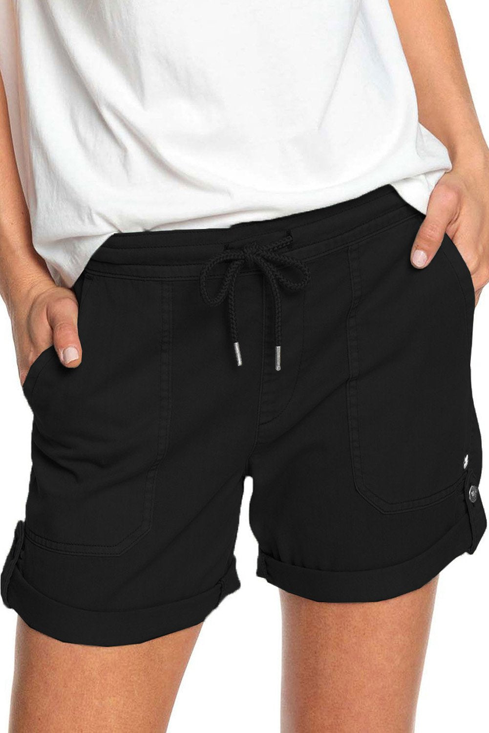 Elastic Waistband Pocket Drawstring Women's Shorts with Button