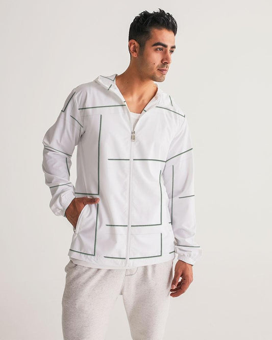 Mens Hooded Windbreaker - White Grid Pattern Water Resistant Jacket