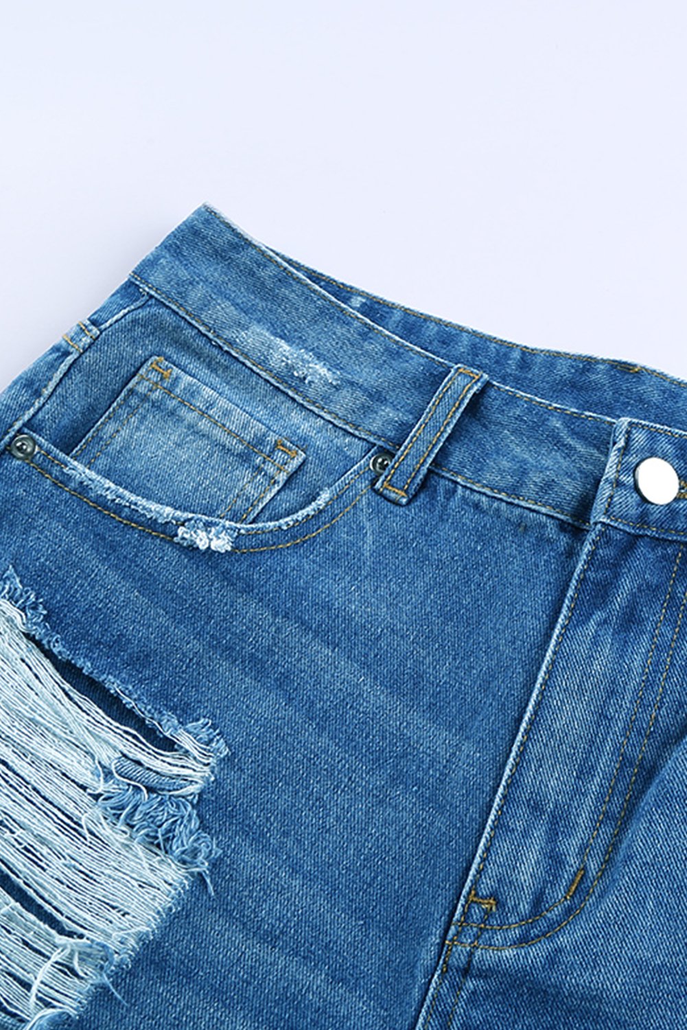 Distressed Mid Rise Frayed Hem Women's Denim Shorts