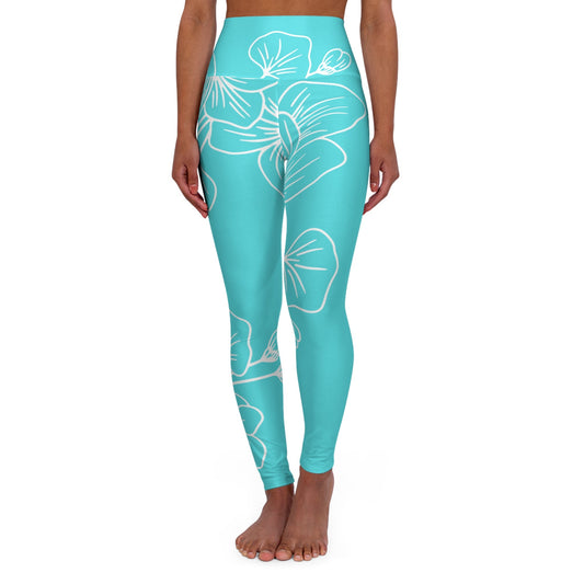 Womens High-waist Fitness Legging Yoga Pants - Floral Cyan Blue