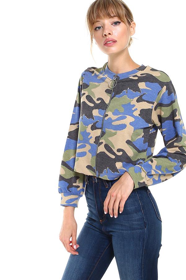 Cropped Camo Zip-Up – Casual and Trendy Women's