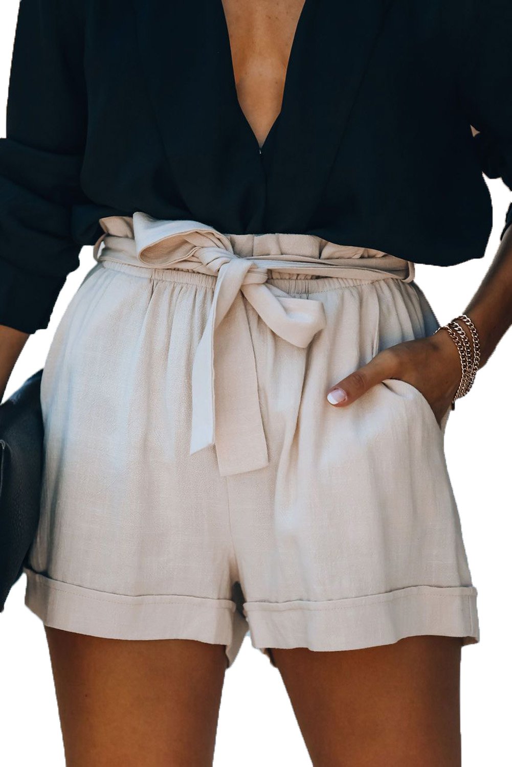 Cotton Pocketed Paper Bag Waist Women's Shorts