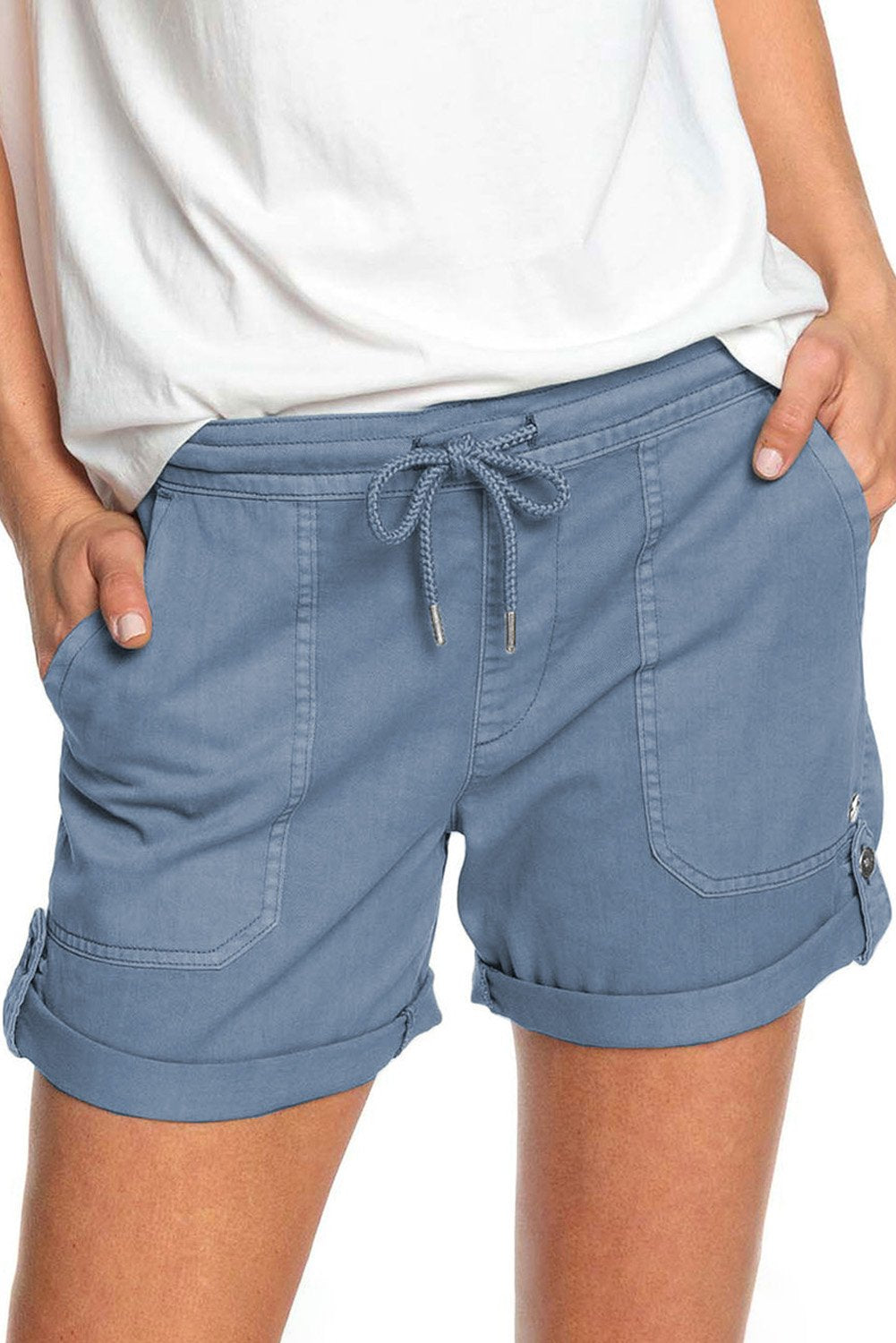 Elastic Waistband Pocket Drawstring Women's Shorts with Button