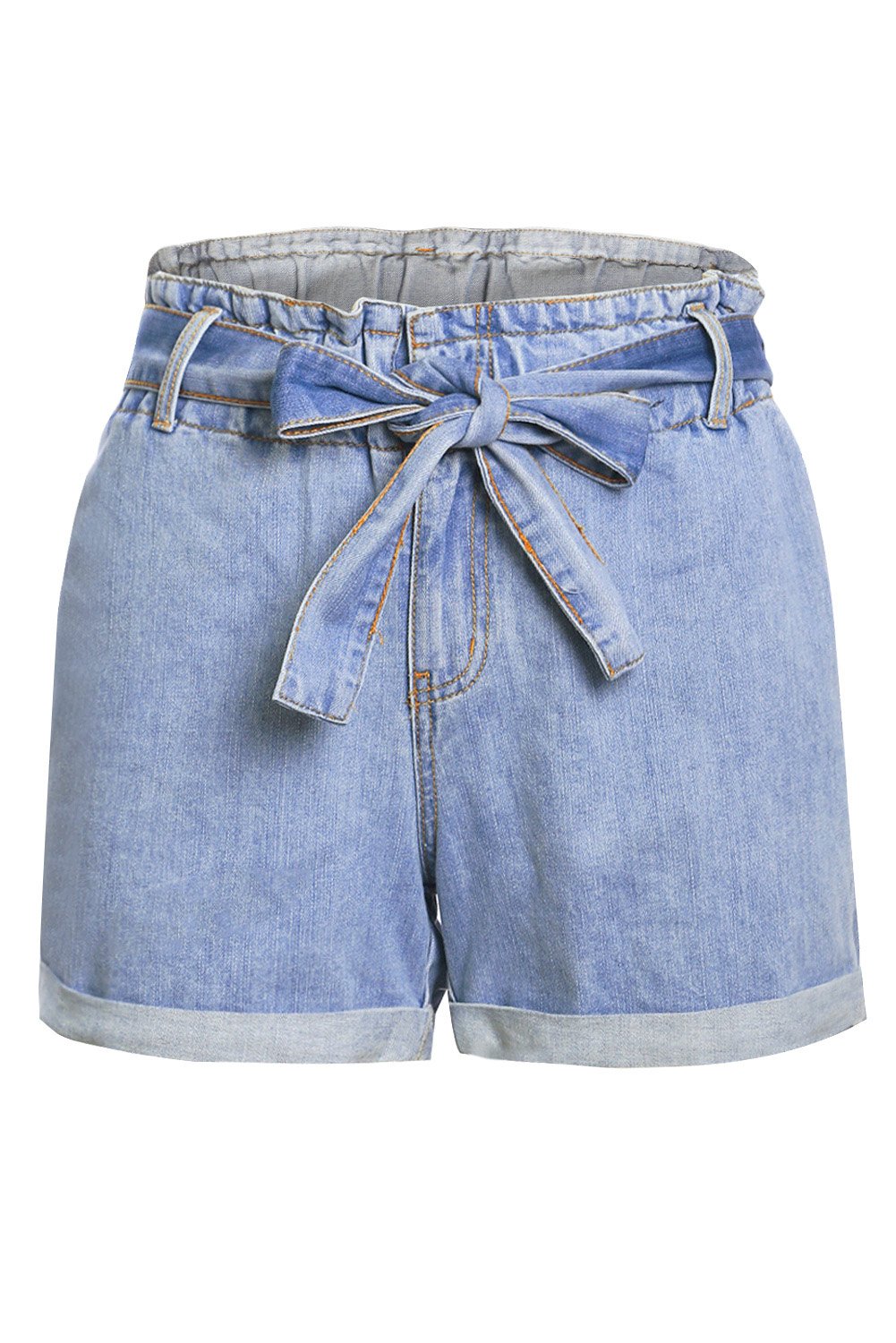 Women Light Blue Roll Hem Paper Bag Waist Denim Women's Shorts