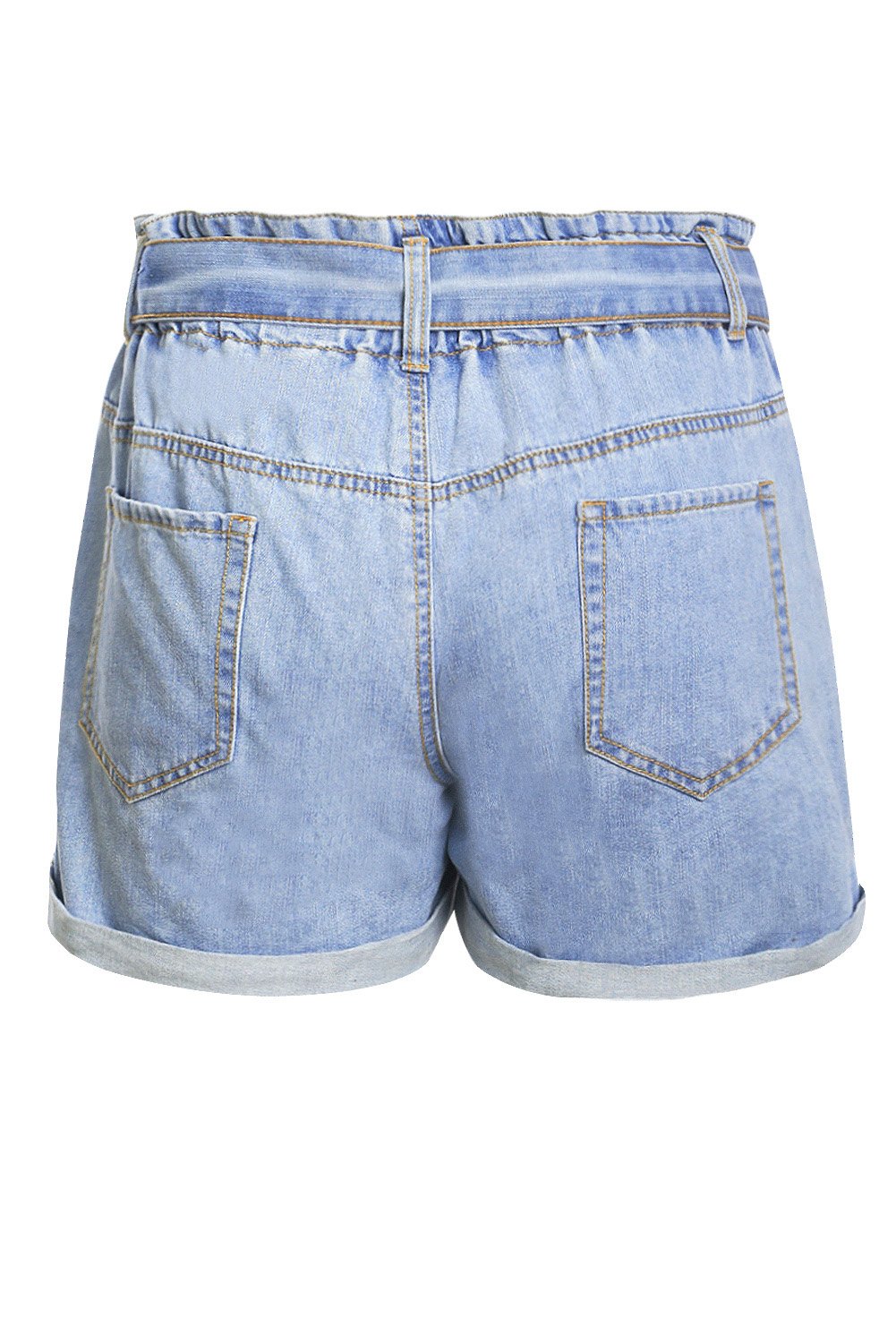 Women Light Blue Roll Hem Paper Bag Waist Denim Women's Shorts
