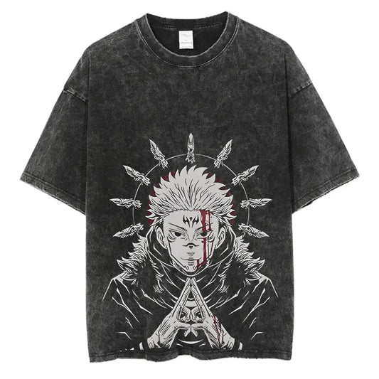 Anime Washed Tshirt Harajuku Summer 100% Cotton Short Sleeve Oversize