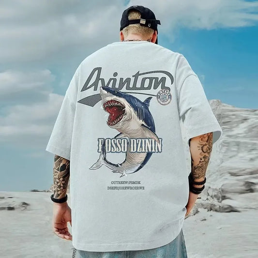 M-8XL Men Tshirt Oversized Fashion Cartoon Shark Attack Print Shirt