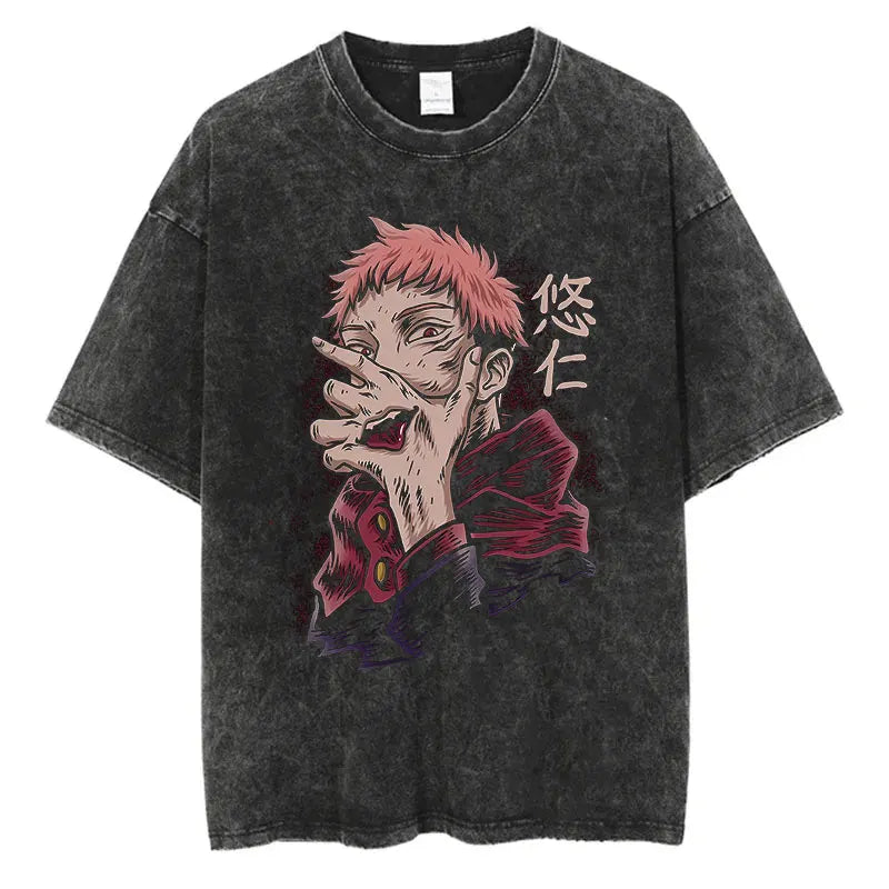 Anime Washed Tshirt Harajuku Summer 100% Cotton Short Sleeve Oversize