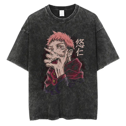 Anime Washed Tshirt Harajuku Summer 100% Cotton Short Sleeve Oversize