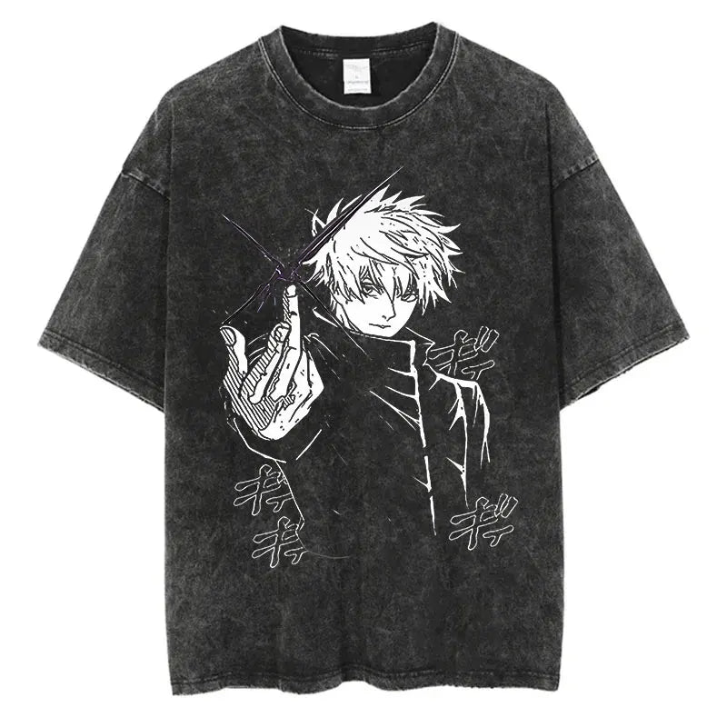 Anime Washed Tshirt Harajuku Summer 100% Cotton Short Sleeve Oversize