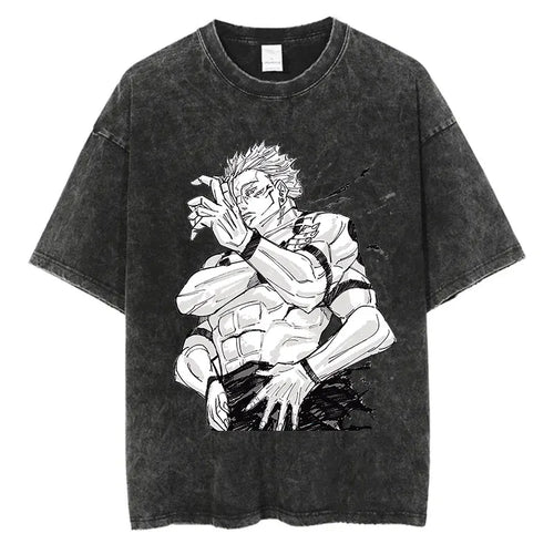 Anime Washed Tshirt Harajuku Summer 100% Cotton Short Sleeve Oversize