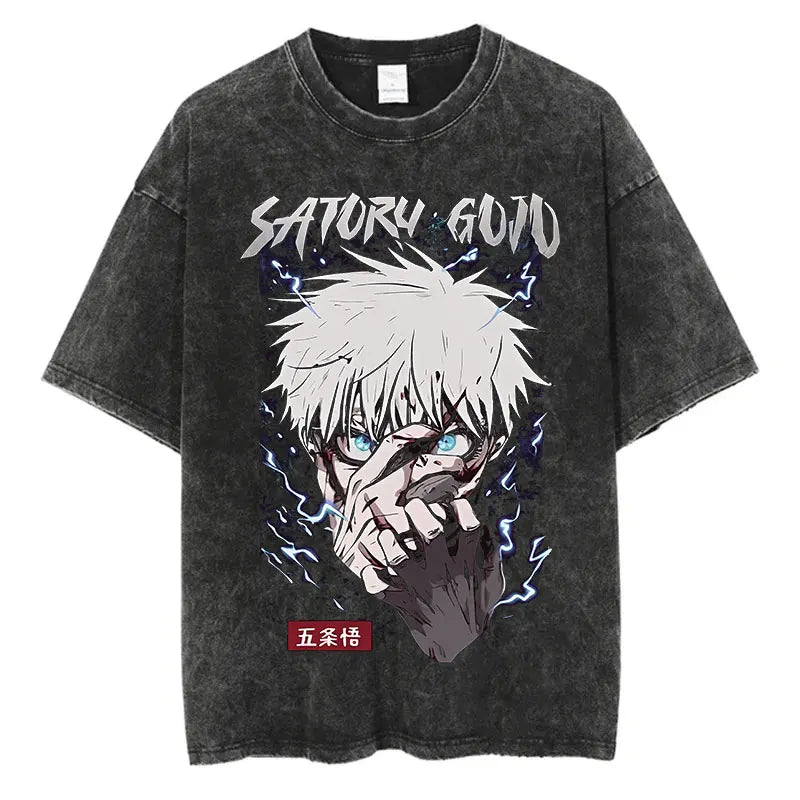 Anime Washed Tshirt Harajuku Summer 100% Cotton Short Sleeve Oversize