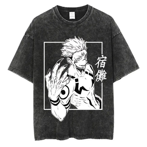 Anime Washed Tshirt Harajuku Summer 100% Cotton Short Sleeve Oversize
