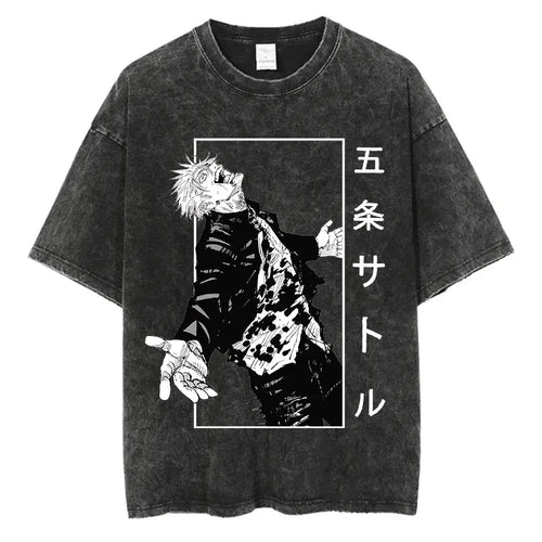 Anime Washed Tshirt Harajuku Summer 100% Cotton Short Sleeve Oversize
