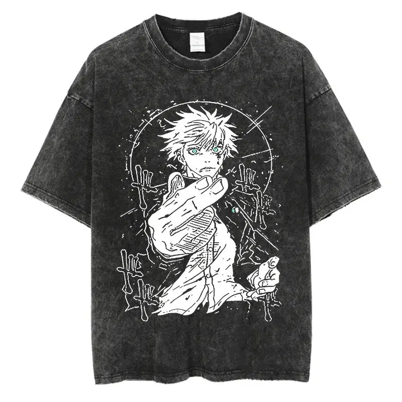 Anime Washed Tshirt Harajuku Summer 100% Cotton Short Sleeve Oversize