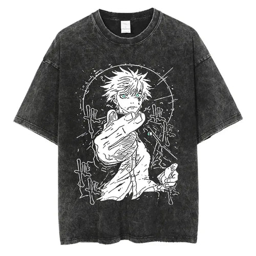 Anime Washed Tshirt Harajuku Summer 100% Cotton Short Sleeve Oversize
