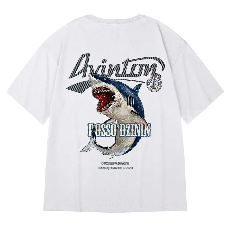 M-8XL Men Tshirt Oversized Fashion Cartoon Shark Attack Print Shirt