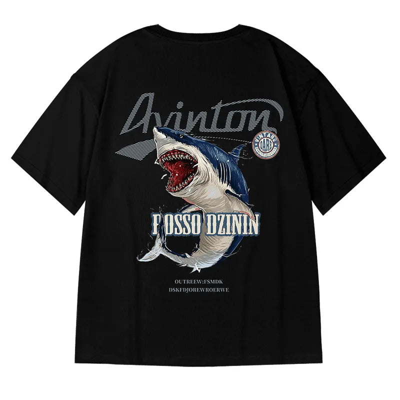 M-8XL Men Tshirt Oversized Fashion Cartoon Shark Attack Print Shirt