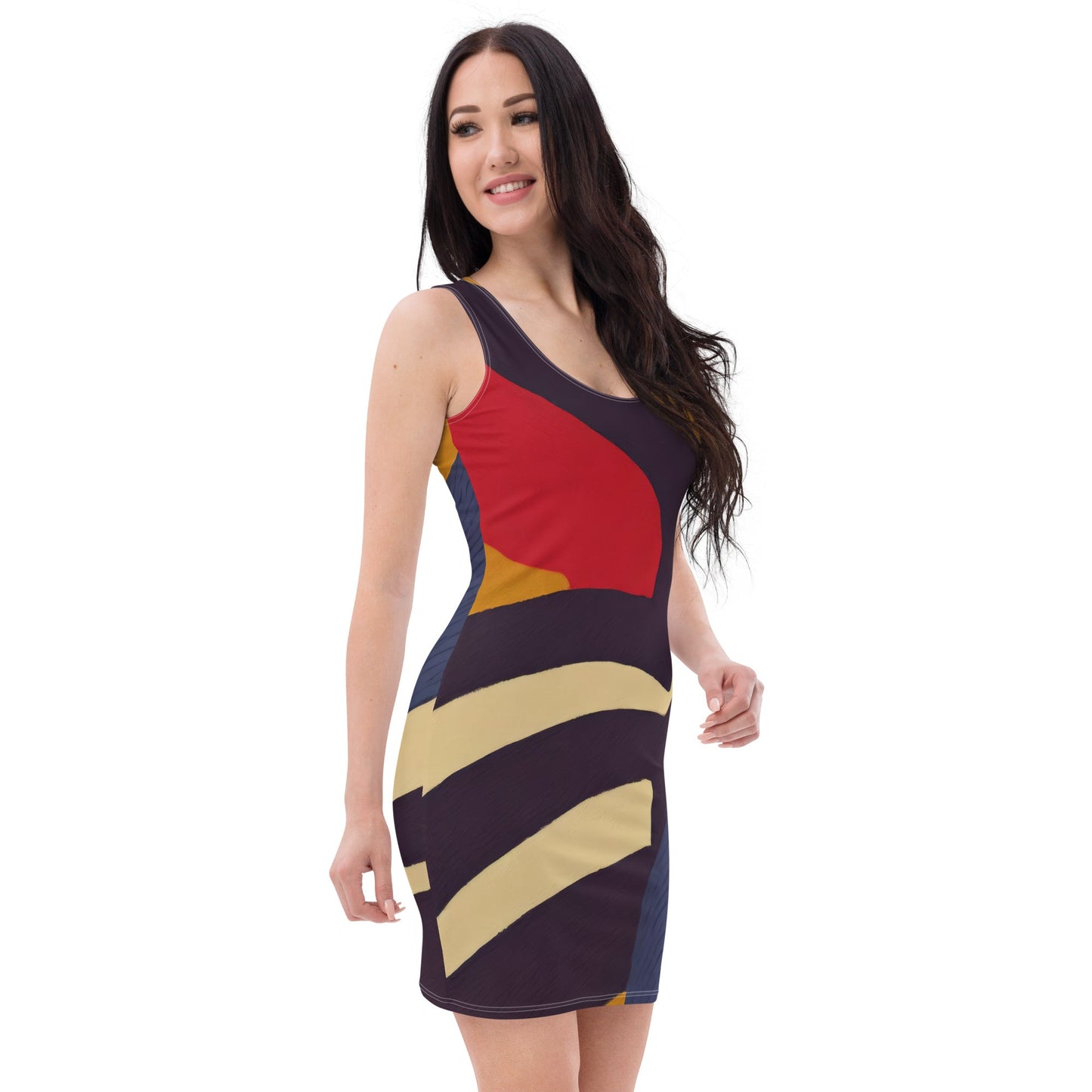 Womens Stretch Fit Bodycon Dress - Brown Red Blue Colorblock Lines
