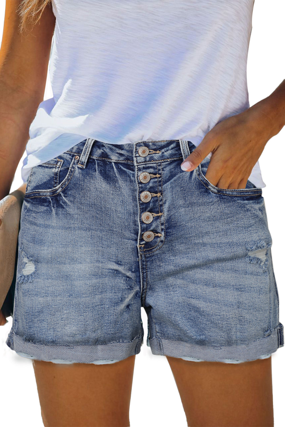 High Rise Button Fly Distressed Denim Women's Shorts