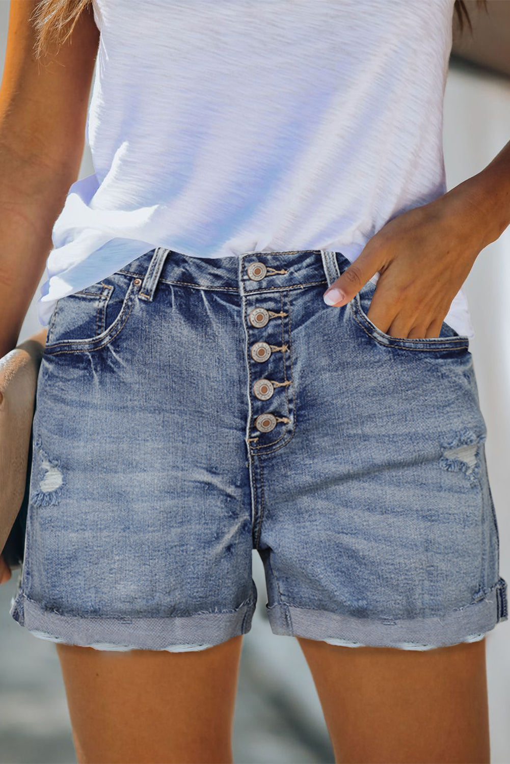 High Rise Button Fly Distressed Denim Women's Shorts