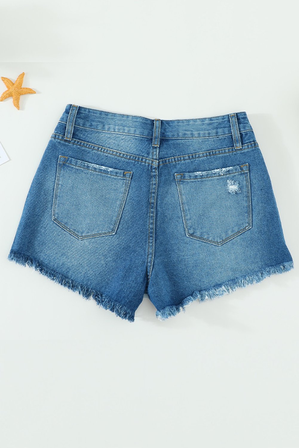 Distressed Mid Rise Frayed Hem Women's Denim Shorts